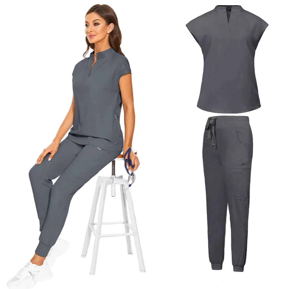 Grey V neck Scrub Set
